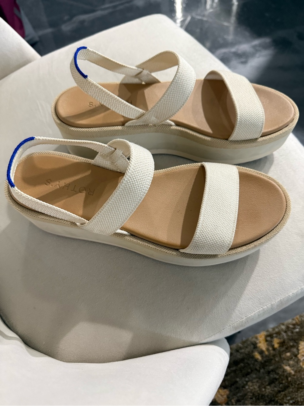 Rothy's (Salt) Cream Platform Slingback Sandal with Blue Heel Tabr